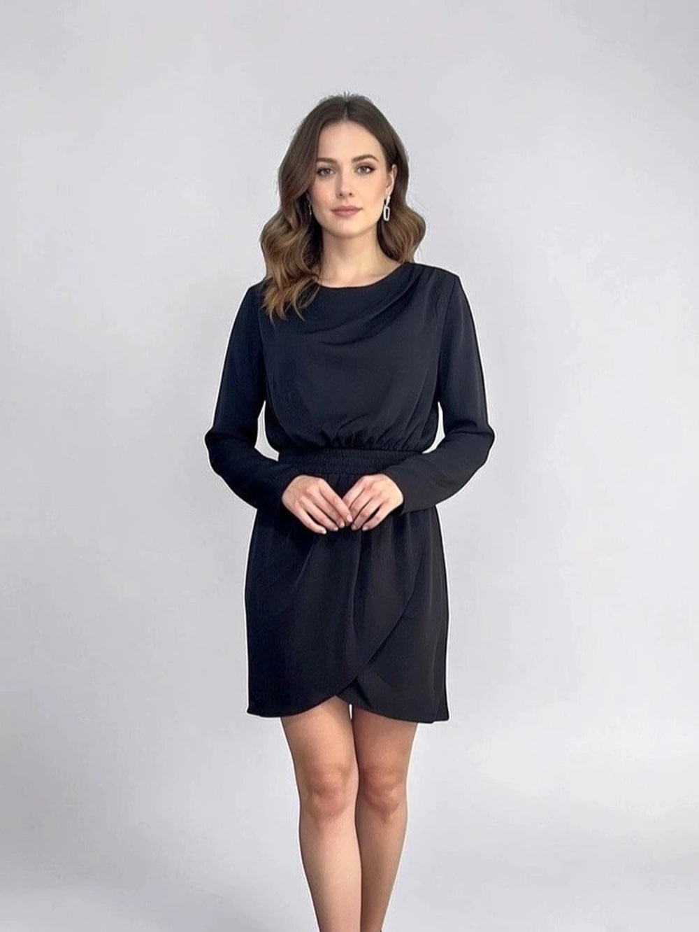 H&M Black Long-Sleeve Draped Mini Dress in Black Size Medium New with Tags